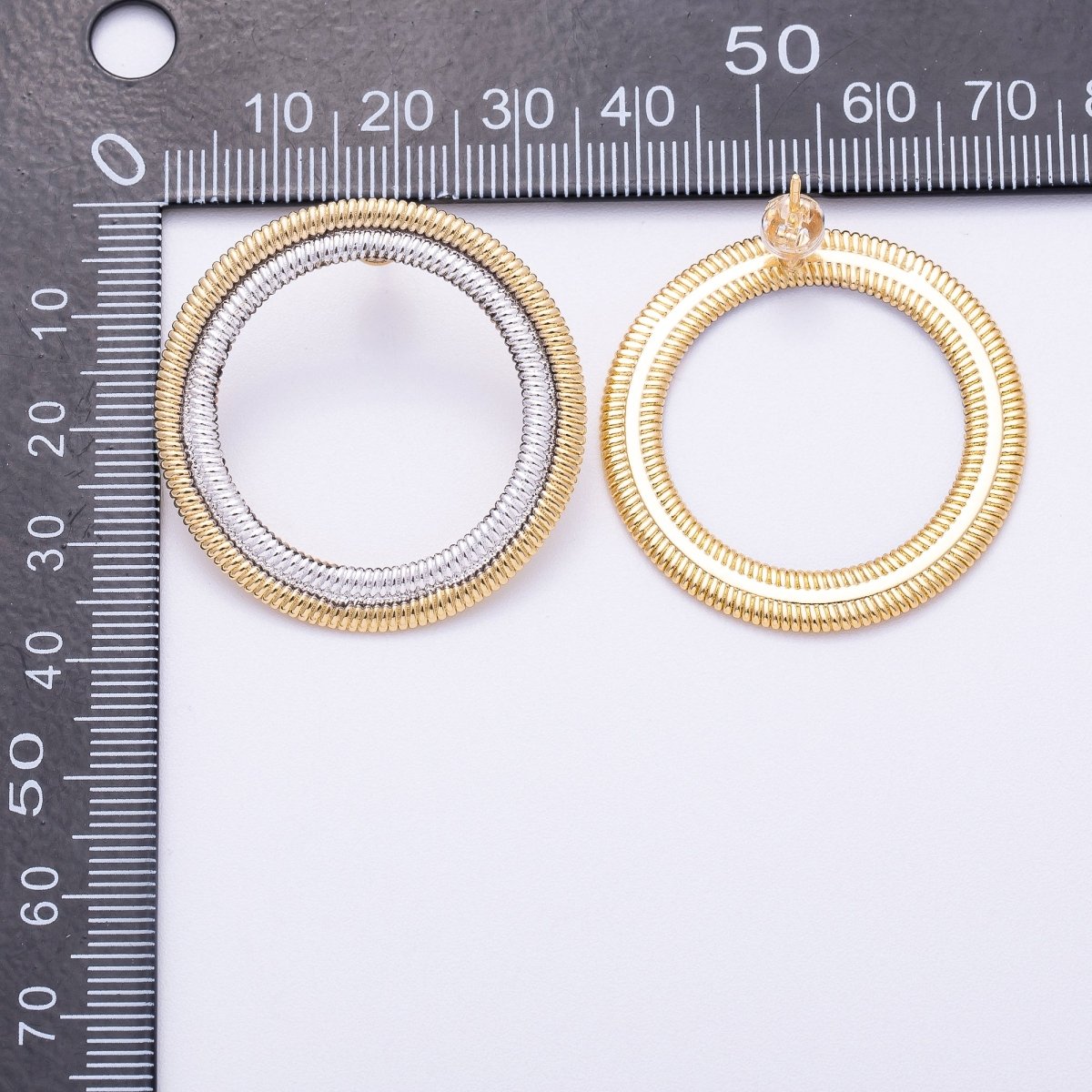 16K Gold Filled 35mm Mixed Metal Ribbed Double Open Round Stud Earrings | Earrings - 00320 - DLUXCA