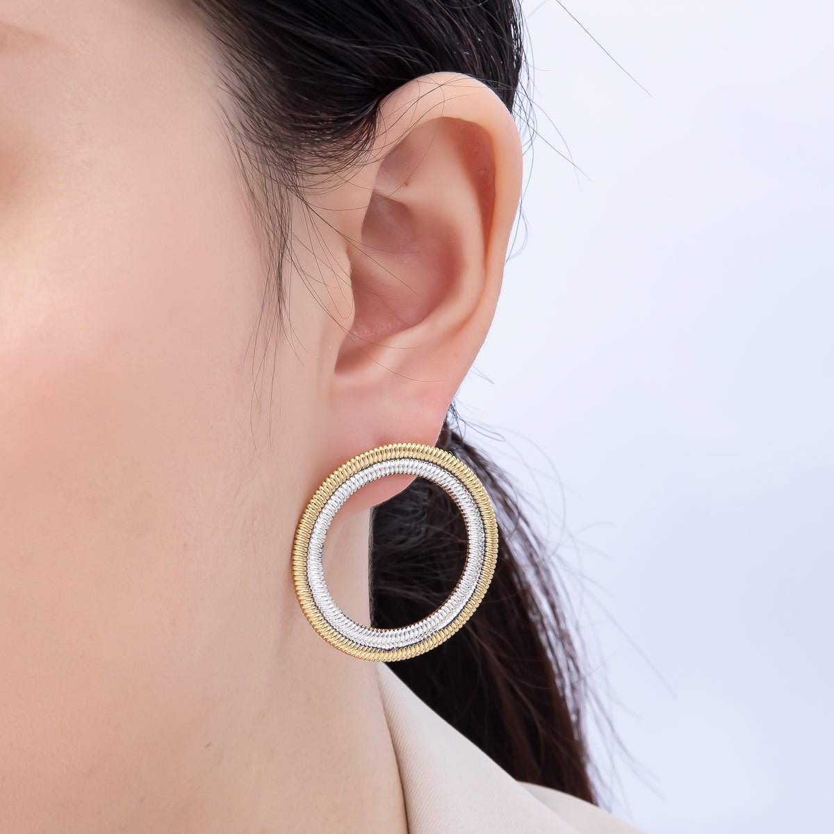16K Gold Filled 35mm Mixed Metal Ribbed Double Open Round Stud Earrings | Earrings - 00320 - DLUXCA