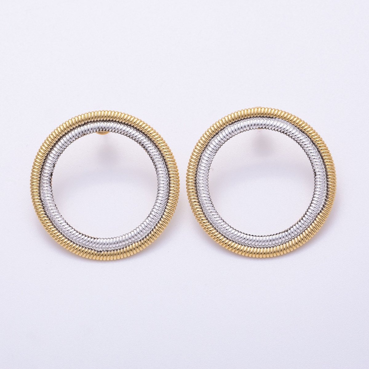 16K Gold Filled 35mm Mixed Metal Ribbed Double Open Round Stud Earrings | Earrings - 00320 - DLUXCA