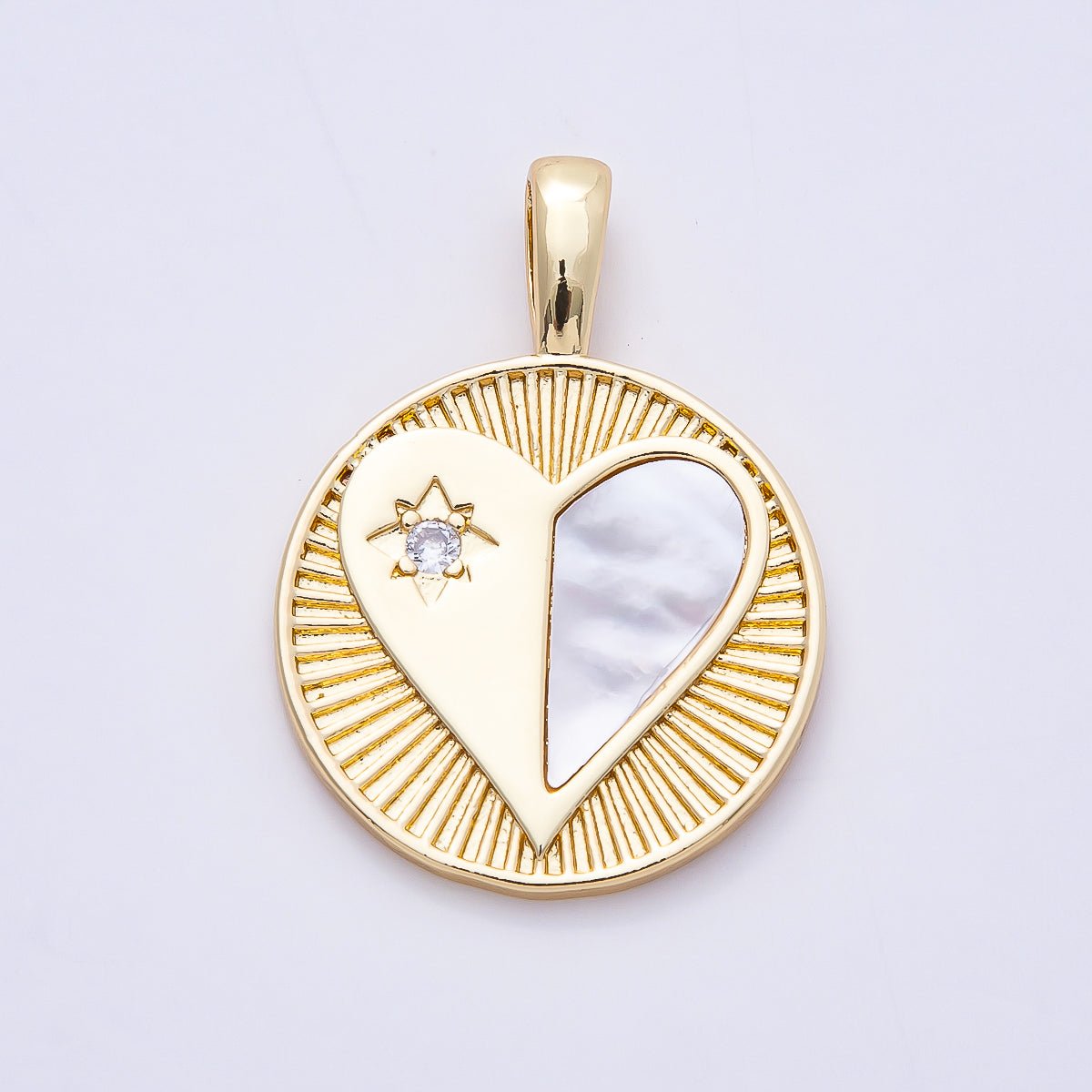 16K Gold Filled 35mm Mother of Pearl Clear CZ Heart Medallion Charm | Charms - 00757 - DLUXCA