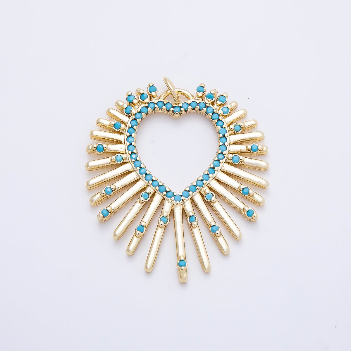 16K Gold Filled 35mm Turquoise Dotted Micro Paved Sunburst Heart Charm | Charms-01253 - DLUXCA
