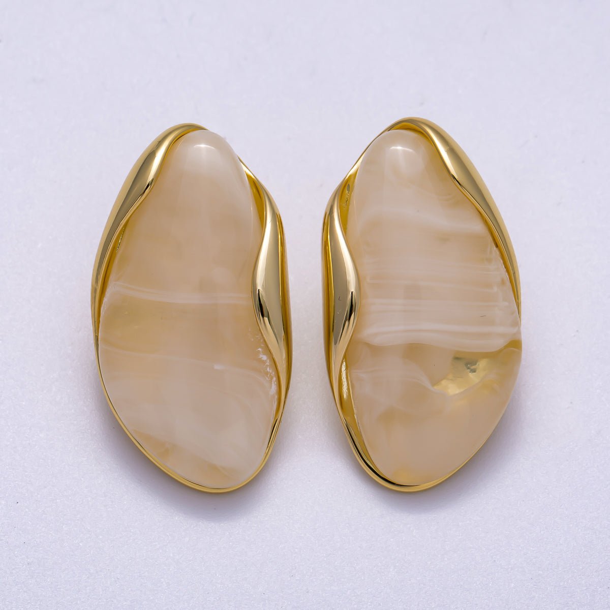 16K Gold Filled 36mm Brown & White Molten Natural Gemstone Stud Earrings | Earrings - 00361 - Earrings - 00362 - DLUXCA