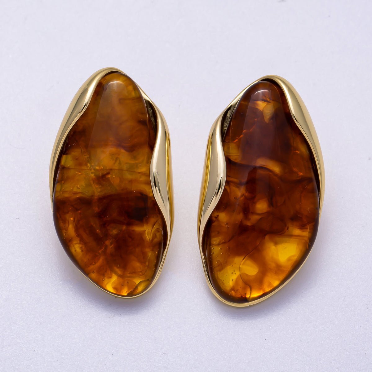 16K Gold Filled 36mm Brown & White Molten Natural Gemstone Stud Earrings | Earrings - 00361 - Earrings - 00362 - DLUXCA