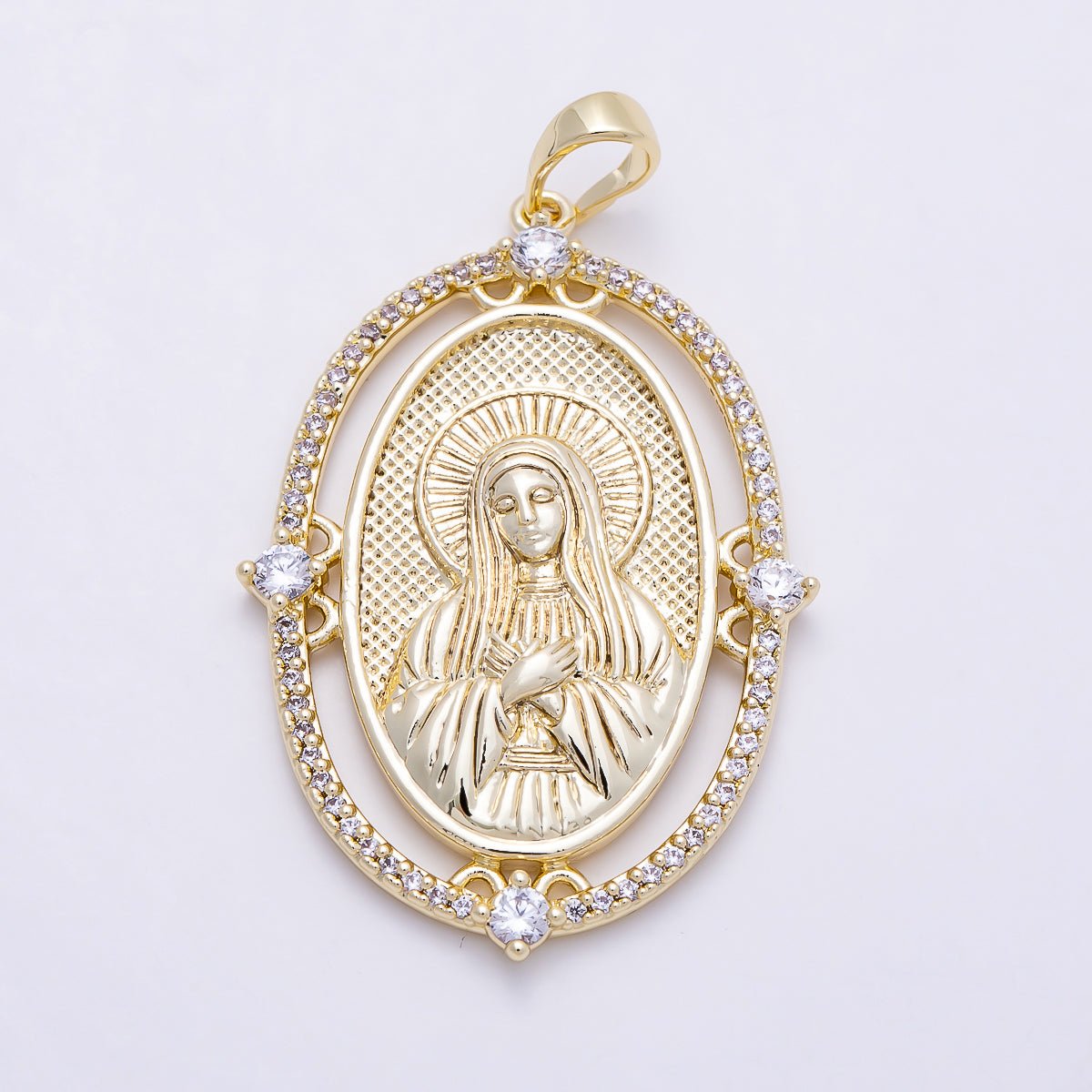 16K Gold Filled 36mm Clear Micro Paved CZ Virgin Mary Oval Religious Pendant | Charms-01395 - DLUXCA