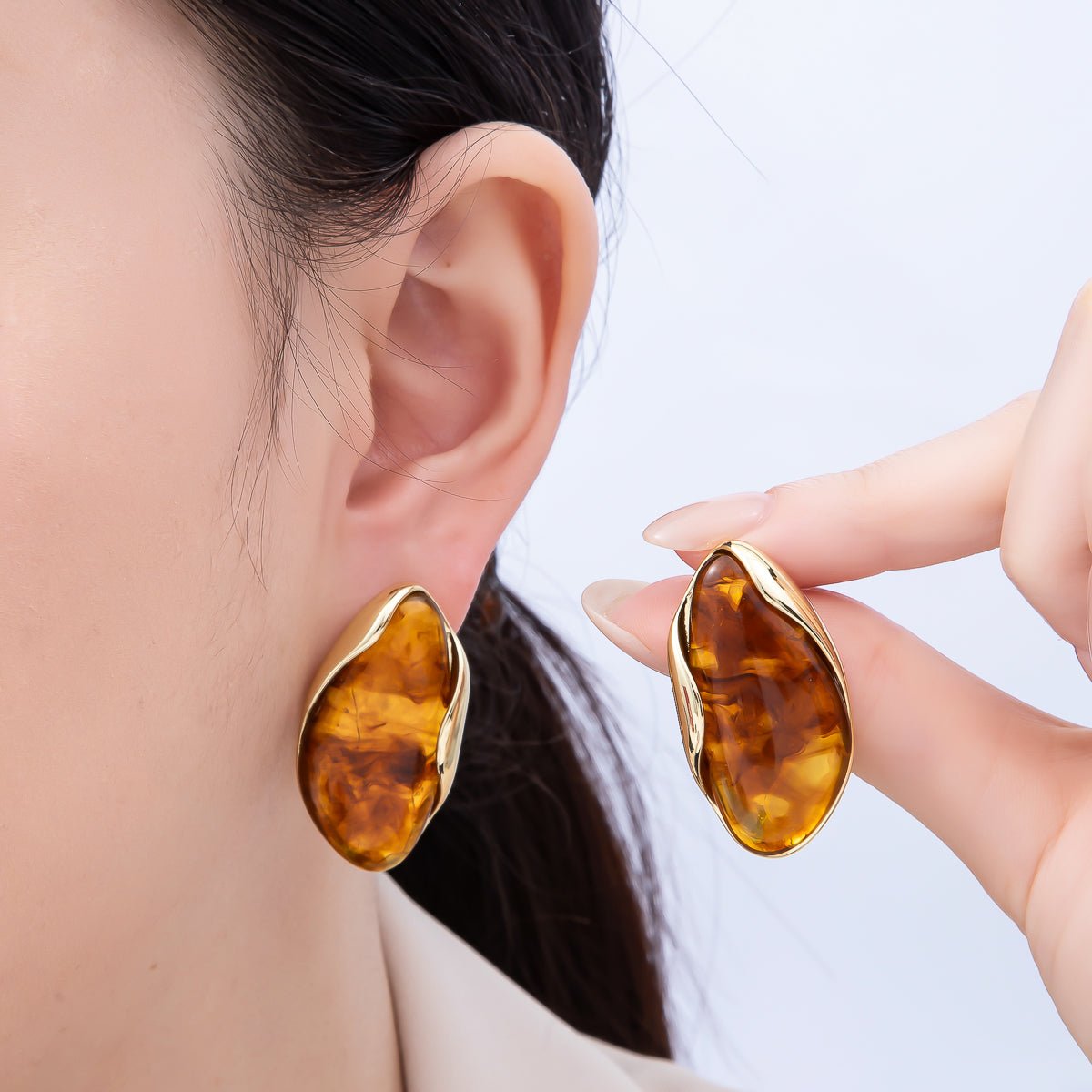 16K Gold Filled 36mm Tortoise Shell, Creamy White Resin Molten Stud Earrings | Earrings - 00361 Earrings - 00362 - DLUXCA