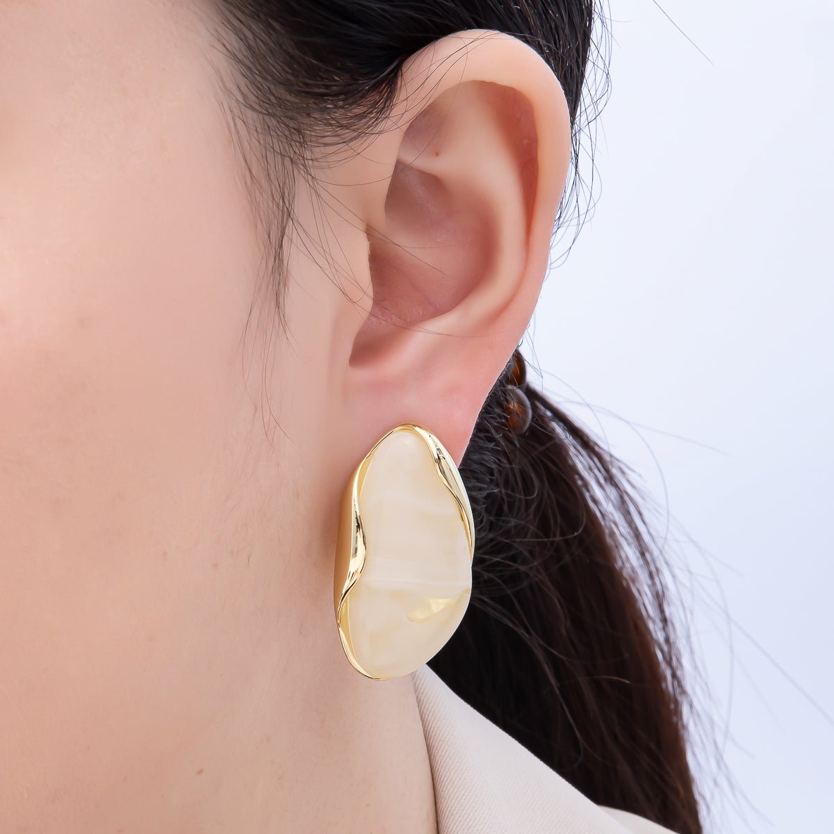 16K Gold Filled 36mm Tortoise Shell, Creamy White Resin Molten Stud Earrings | Earrings - 00361 Earrings - 00362 - DLUXCA
