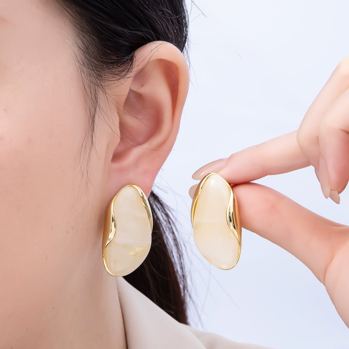 16K Gold Filled 36mm Tortoise Shell, Creamy White Resin Molten Stud Earrings | Earrings - 00361 Earrings - 00362 - DLUXCA