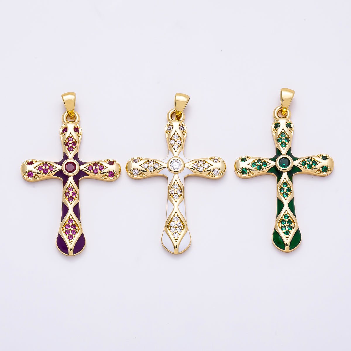 16K Gold Filled 37mm White, Green, Red Enamel Micro Paved CZ Geometric Cross Pendant | Charms-01316 ~ Charms-01318 - DLUXCA