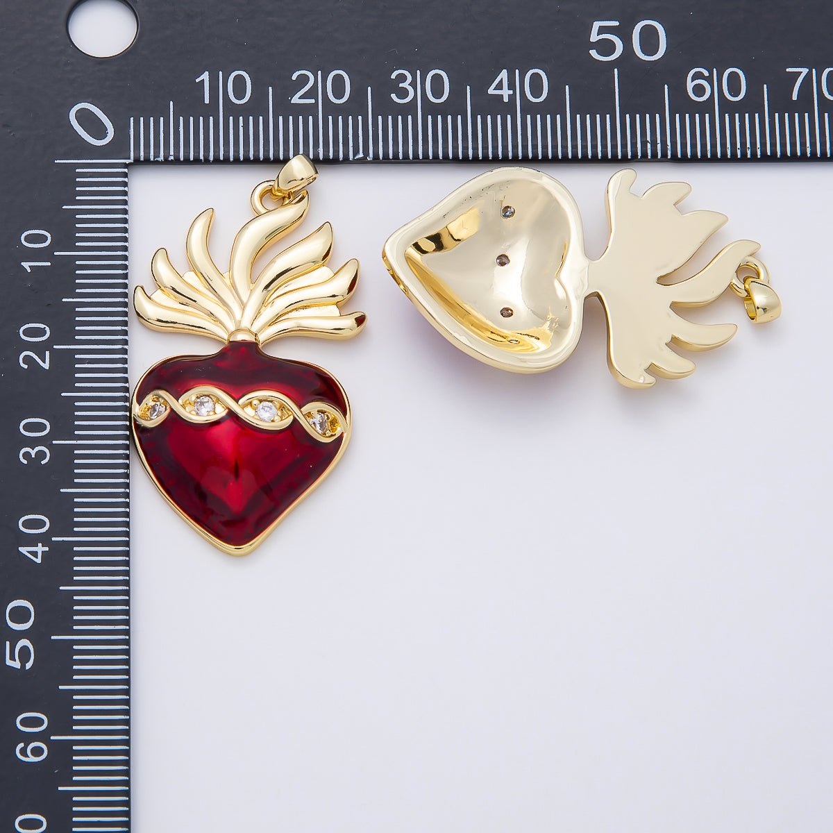 16K Gold Filled 39mm CZ Red Enamel Sacred Heart Religious Pendant | Charms-01061 - DLUXCA