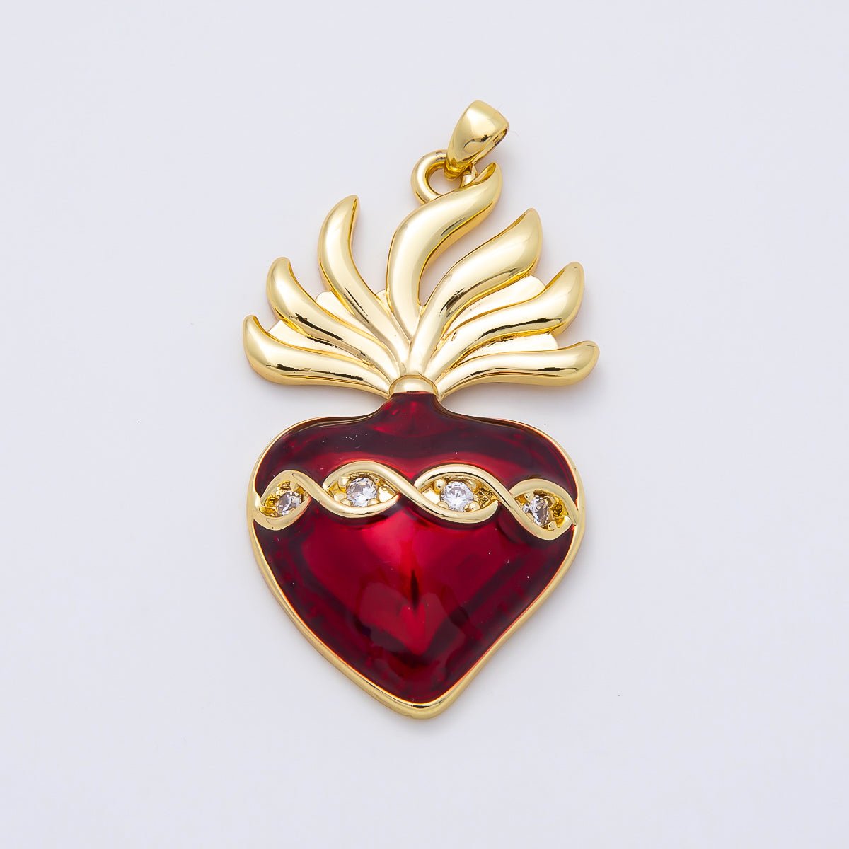 16K Gold Filled 39mm CZ Red Enamel Sacred Heart Religious Pendant | Charms-01061 - DLUXCA