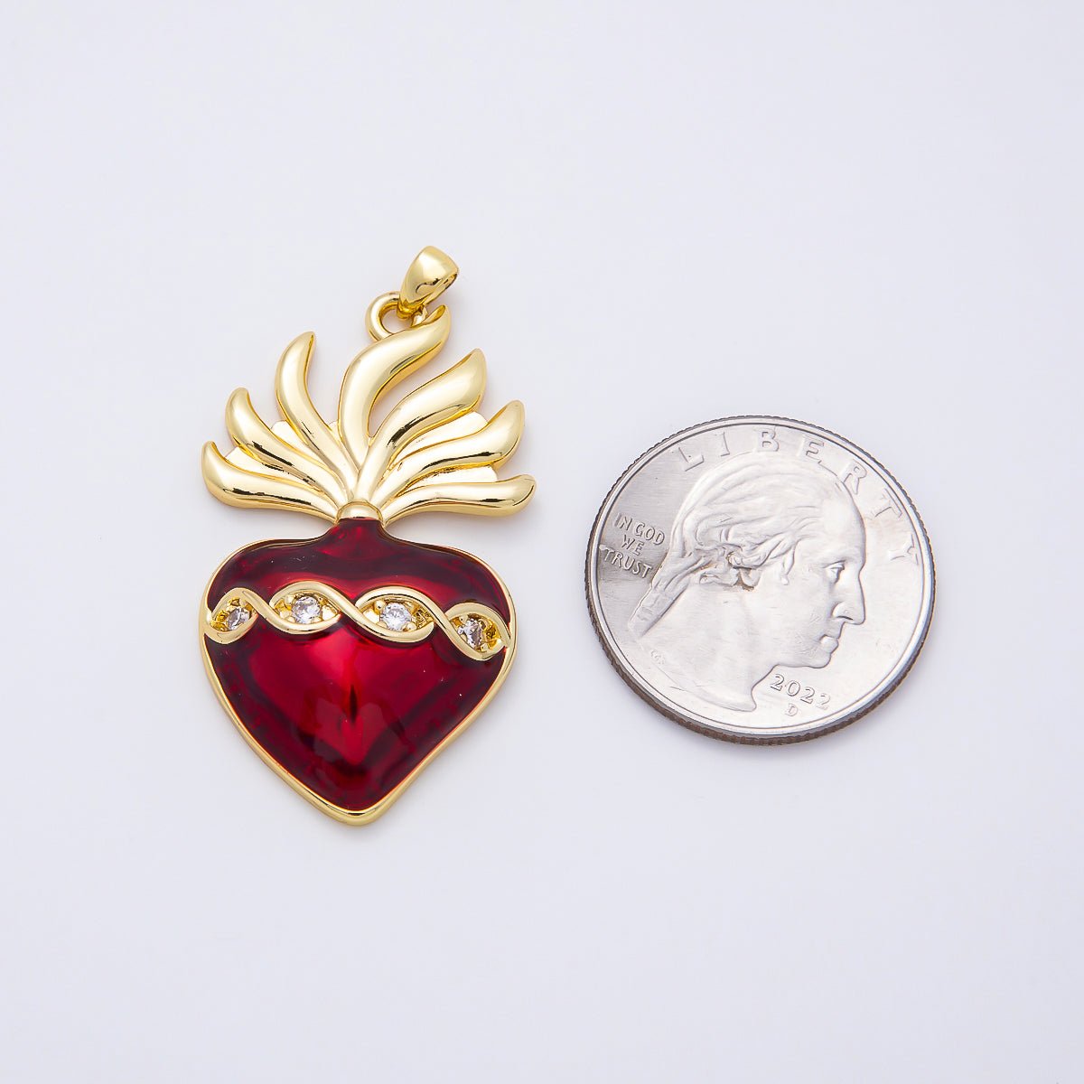 16K Gold Filled 39mm CZ Red Enamel Sacred Heart Religious Pendant | Charms-01061 - DLUXCA
