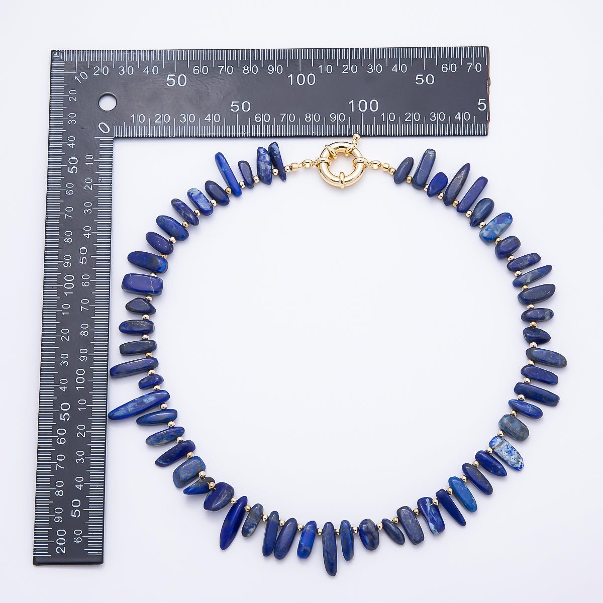 16K Gold Filled 3mm Blue Lapis Lazuli Stick Beaded Statement Gemstone 19 Inch Necklace | WA-00306 - DLUXCA
