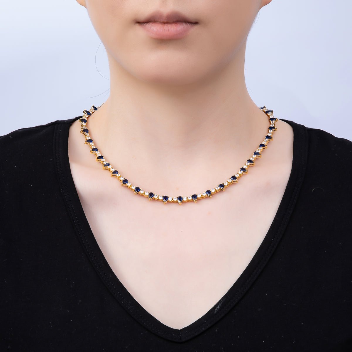 16K Gold Filled 3mm Blue Teardrop Clear Tennis Chain 17 Inch Adjustable Necklace | WA-04677 - DLUXCA