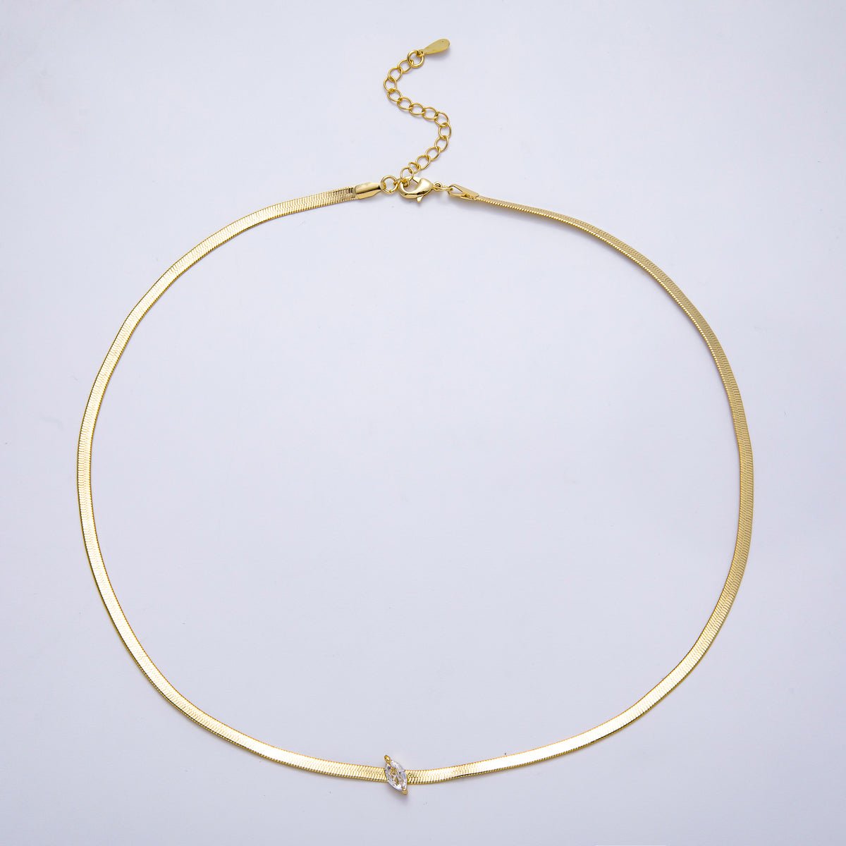 16K Gold Filled 3mm Clear Marquise CZ Herringbone Chain 17 Inch Necklace w. Extender | WA - 04348 - DLUXCA