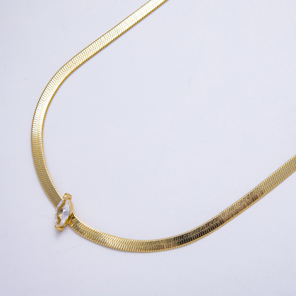 16K Gold Filled 3mm Clear Marquise CZ Herringbone Chain 17 Inch Necklace w. Extender | WA - 04348 - DLUXCA