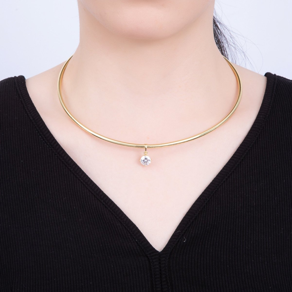 16K Gold Filled 3mm Round Solitaire CZ Tube Choker Floating Collar Necklace | WA - 04363 - DLUXCA