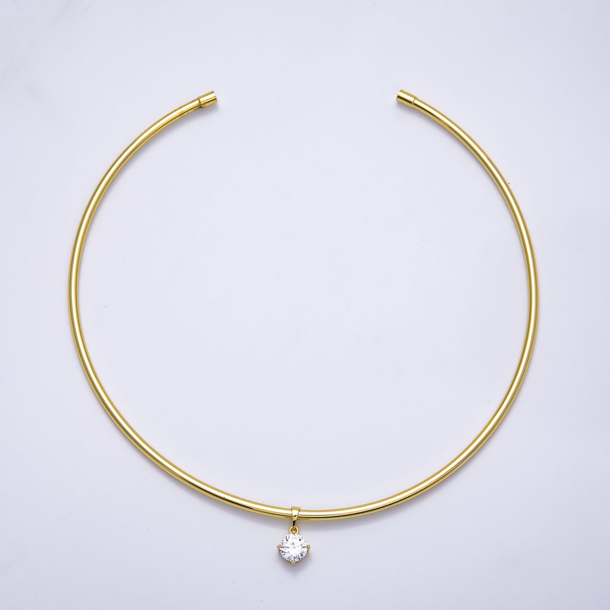 16K Gold Filled 3mm Round Solitaire CZ Tube Choker Floating Collar Necklace | WA - 04363 - DLUXCA