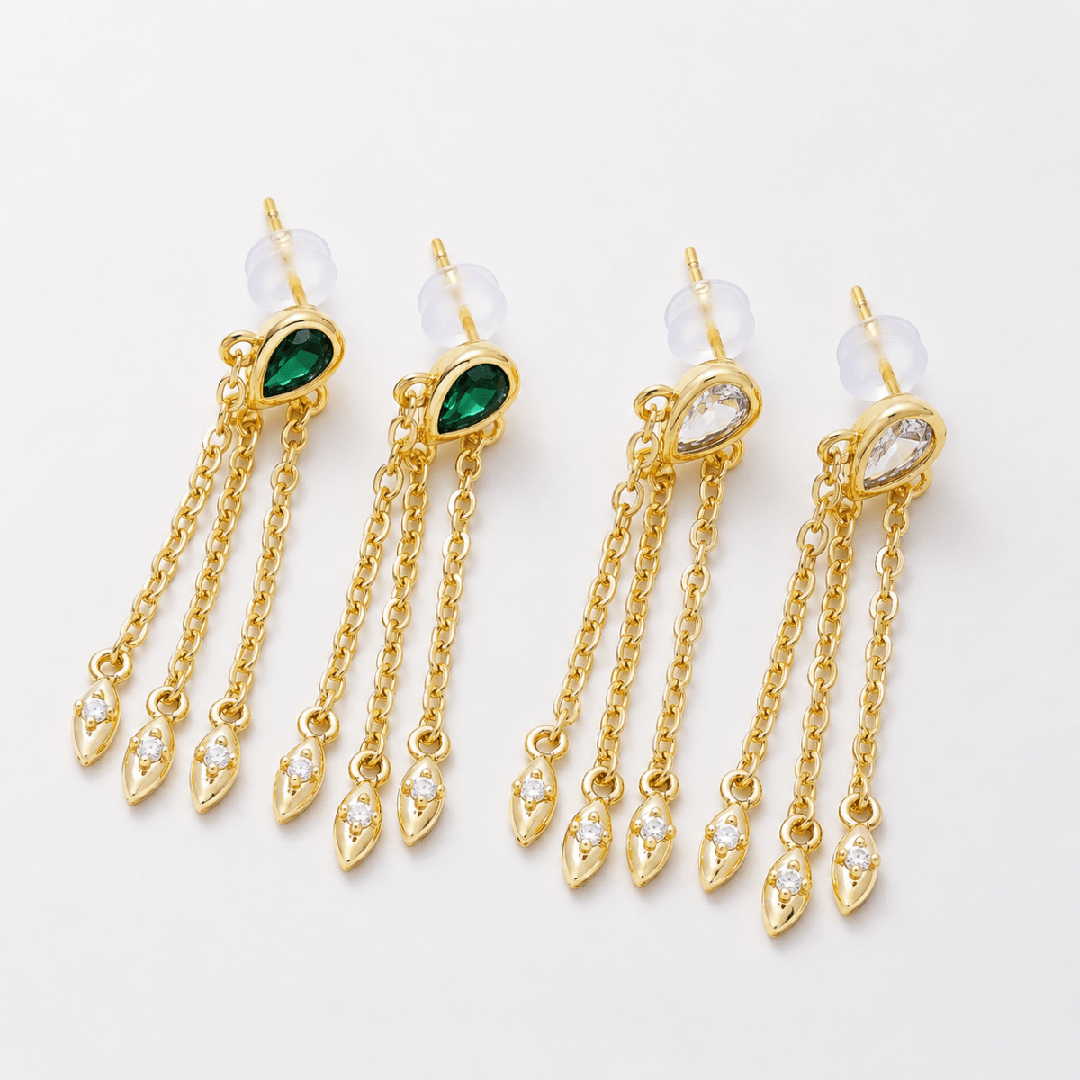 16K Gold Filled 40mm Clear, Green CZ Teardrop Triple Chain Drop Stud | Earrings-00690 Earrings-00691 - DLUXCA