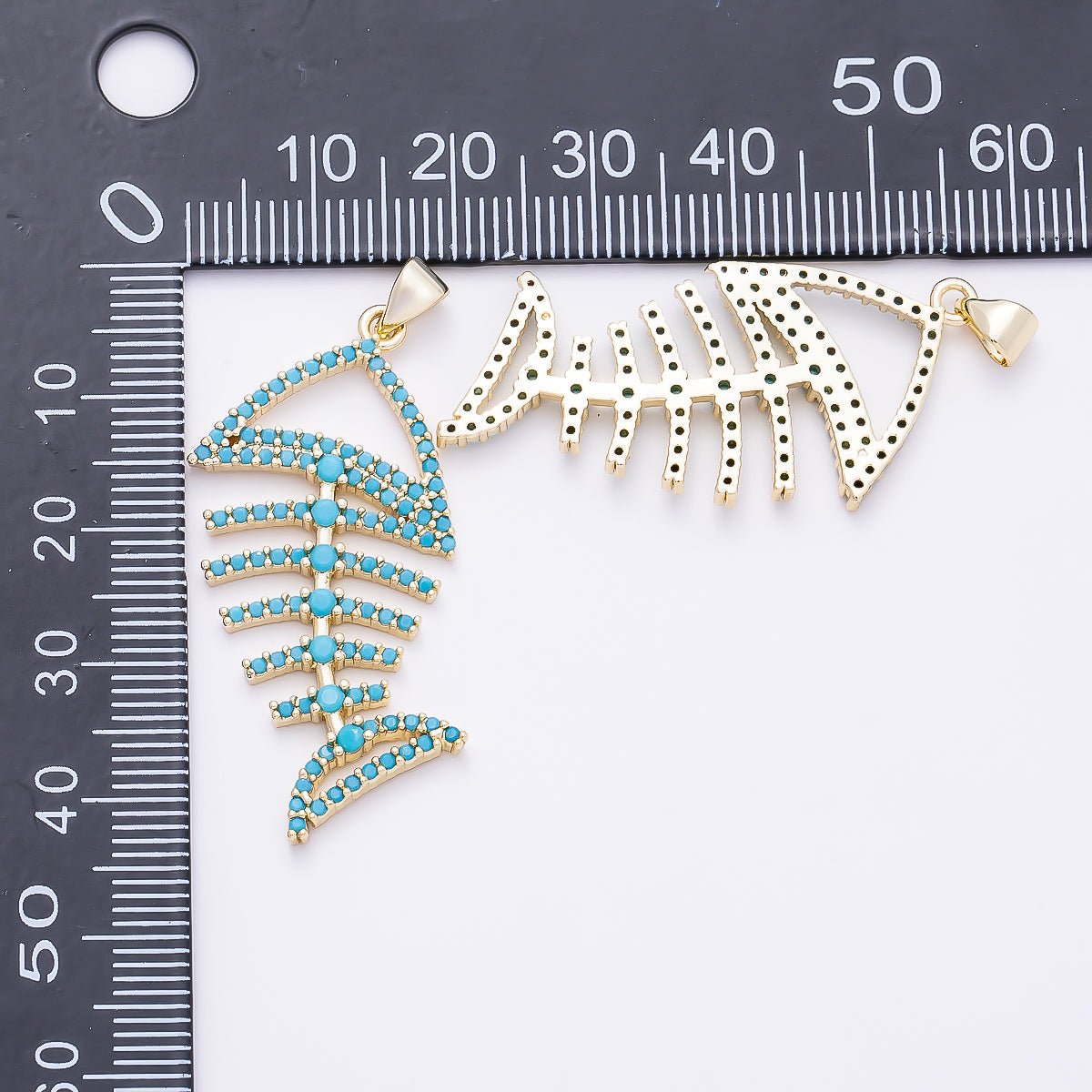 16K Gold Filled 40mm Turquoise Micro Paved Open Fish Bone Pendant | Charms-01313 - DLUXCA
