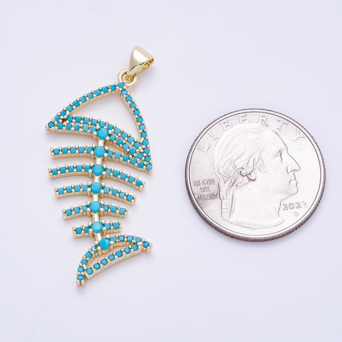16K Gold Filled 40mm Turquoise Micro Paved Open Fish Bone Pendant | Charms-01313 - DLUXCA