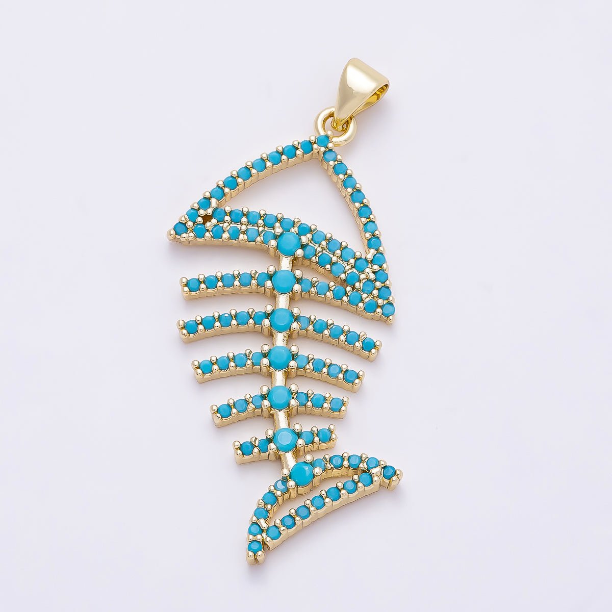 16K Gold Filled 40mm Turquoise Micro Paved Open Fish Bone Pendant | Charms-01313 - DLUXCA