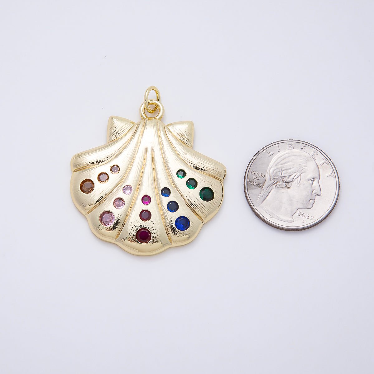 16K Gold Filled 41.5mm Multicolor CZ Dotted Textured Clam Sea Shell Charm | Charms-01060 - DLUXCA
