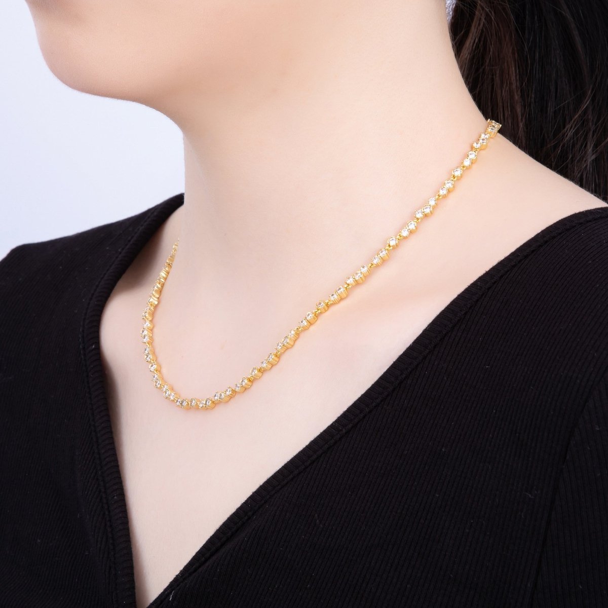 16K Gold Filled 4.2mm Clear CZ Cluster Tennis Chain 16.5 Inch Adjustable Necklace | WA - 04270 - DLUXCA