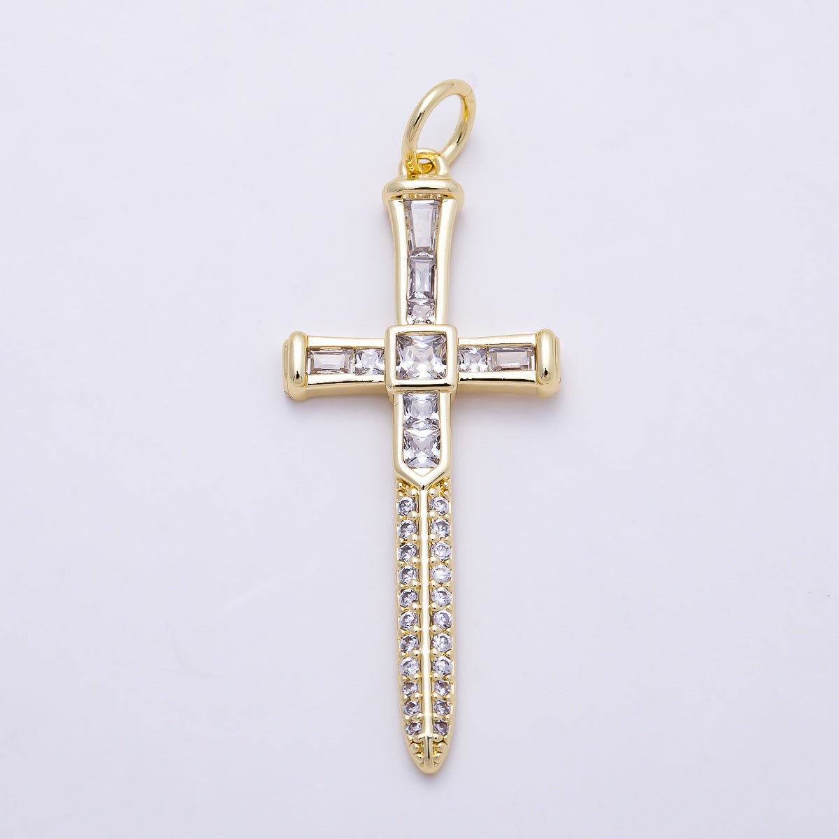 16K Gold Filled 43mm Baguette Micro Paved CZ Sword Cross Religious Pendant | Charms-01385 - DLUXCA