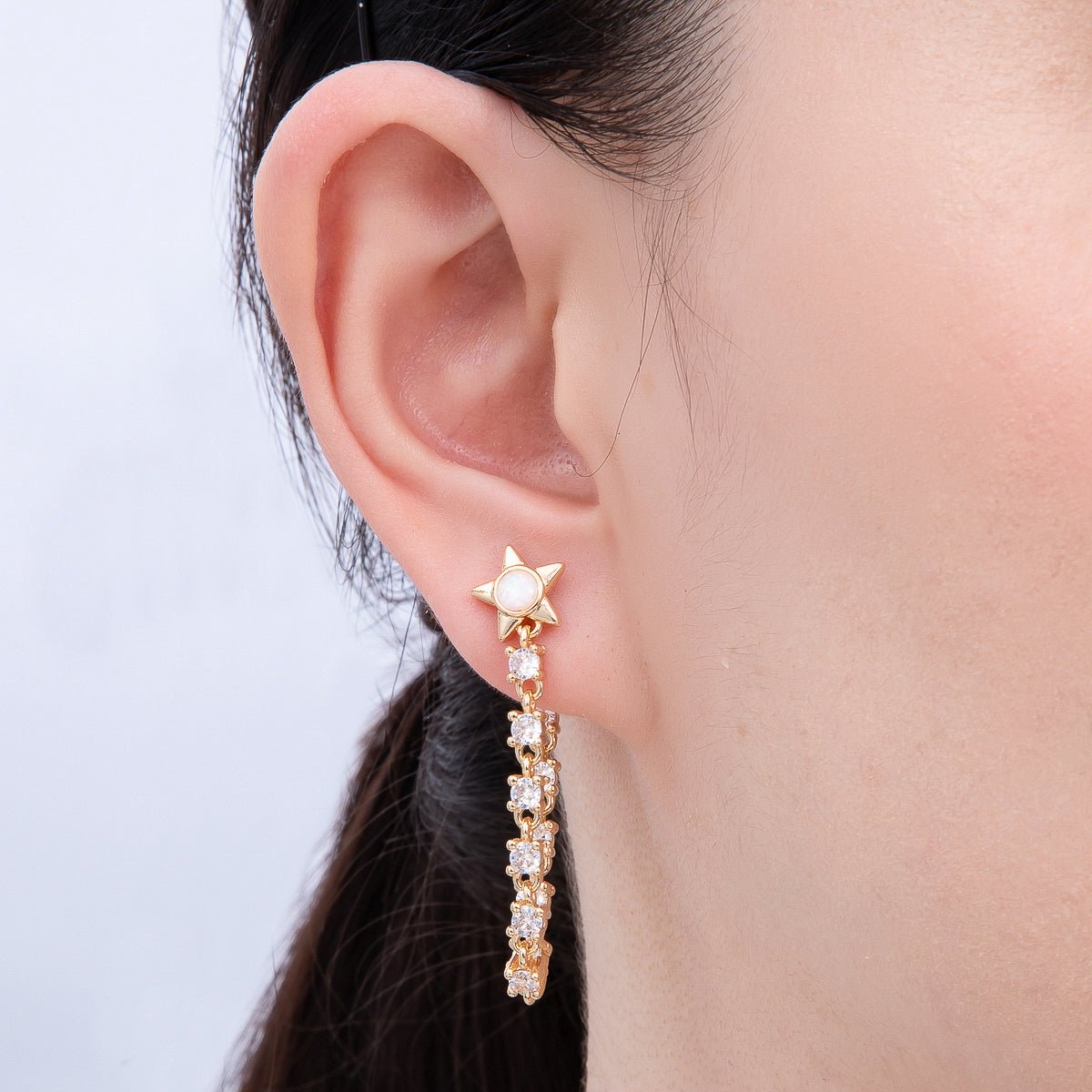 16K Gold Filled 43mm Clear CZ, White Opal Celestial Star Drop Stud Earrings | Earrings - 00299 Earrings - 00300 - DLUXCA