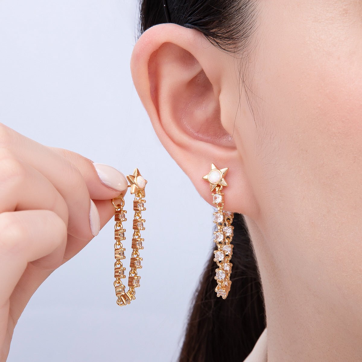 16K Gold Filled 43mm Clear CZ, White Opal Celestial Star Drop Stud Earrings | Earrings - 00299 Earrings - 00300 - DLUXCA