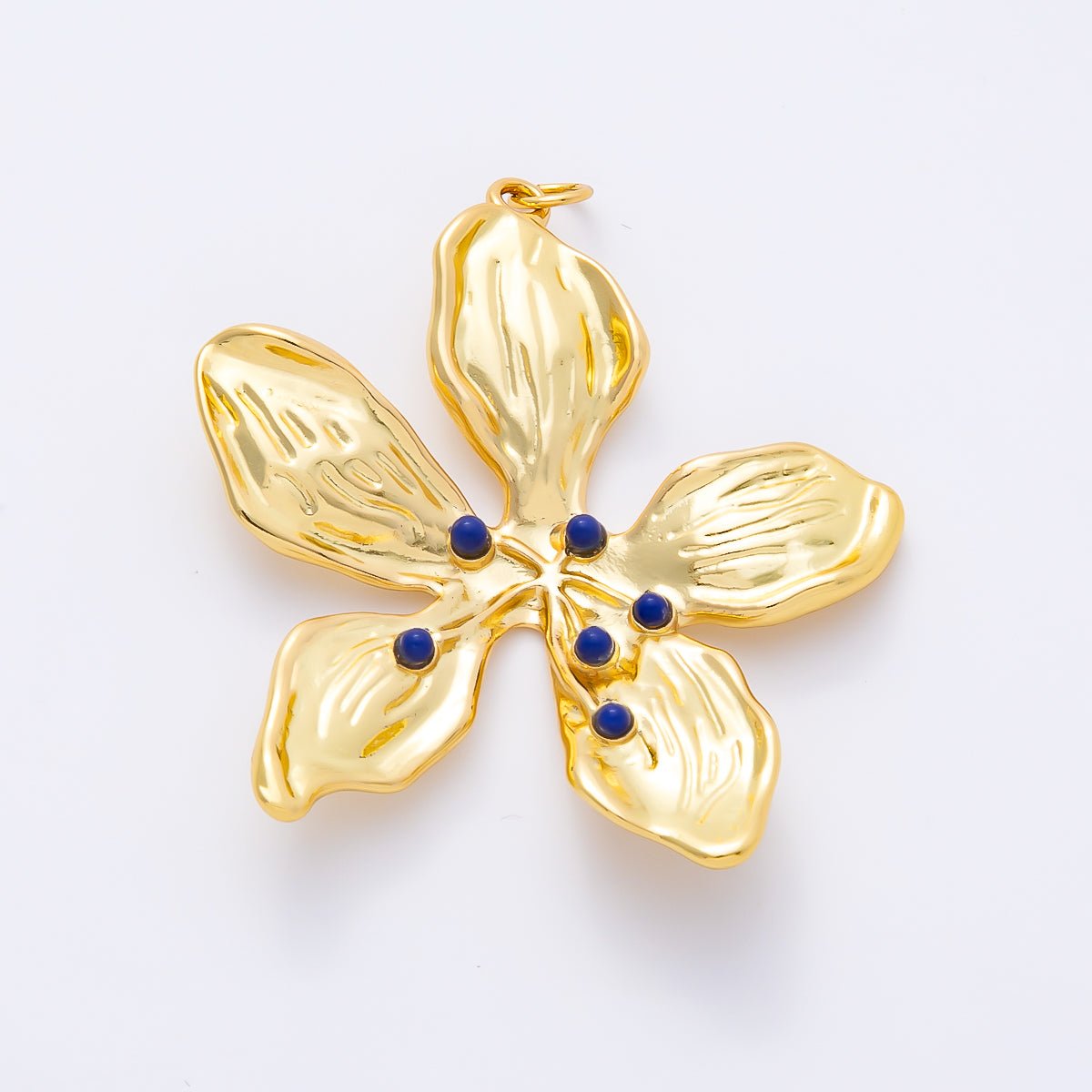 16K Gold Filled 45mm Blue Agate Dotted Foil Flower Charm | Charms-01262 - DLUXCA