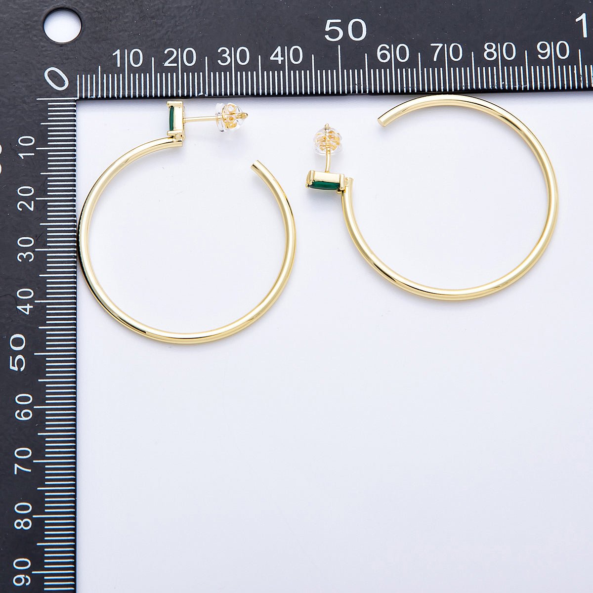 16K Gold Filled 45mm Green Baguette CZ C - Shaped Hoop Earrings | Earrings - 00143 - DLUXCA