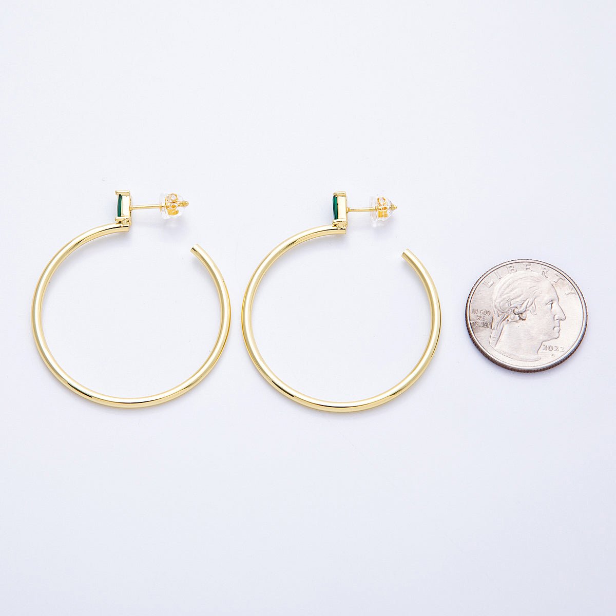 16K Gold Filled 45mm Green Baguette CZ C - Shaped Hoop Earrings | Earrings - 00143 - DLUXCA