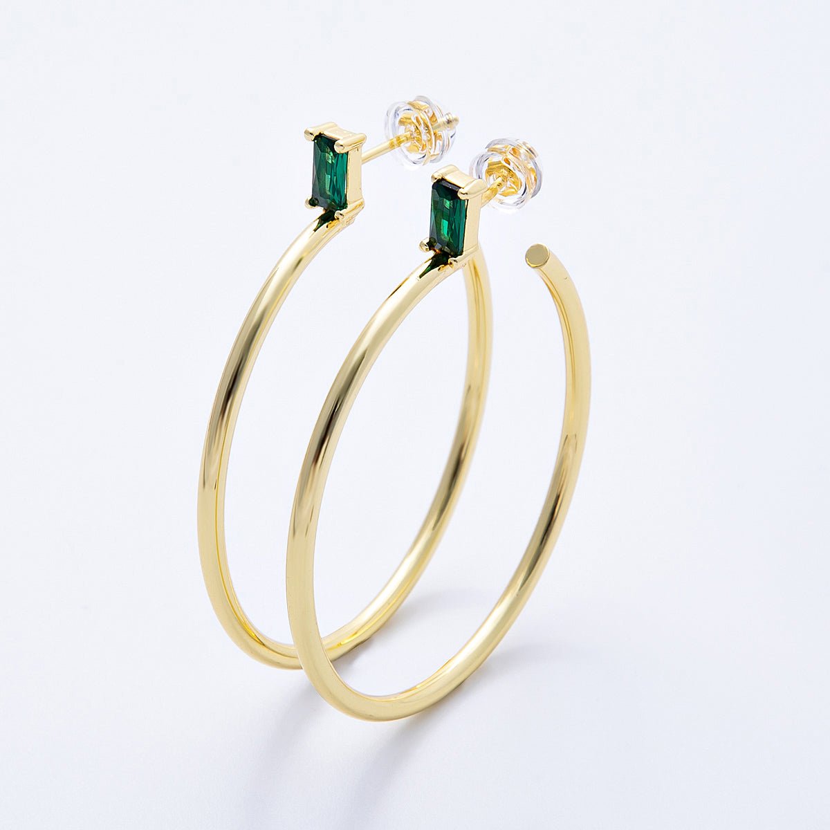 16K Gold Filled 45mm Green Baguette CZ C - Shaped Hoop Earrings | Earrings - 00143 - DLUXCA
