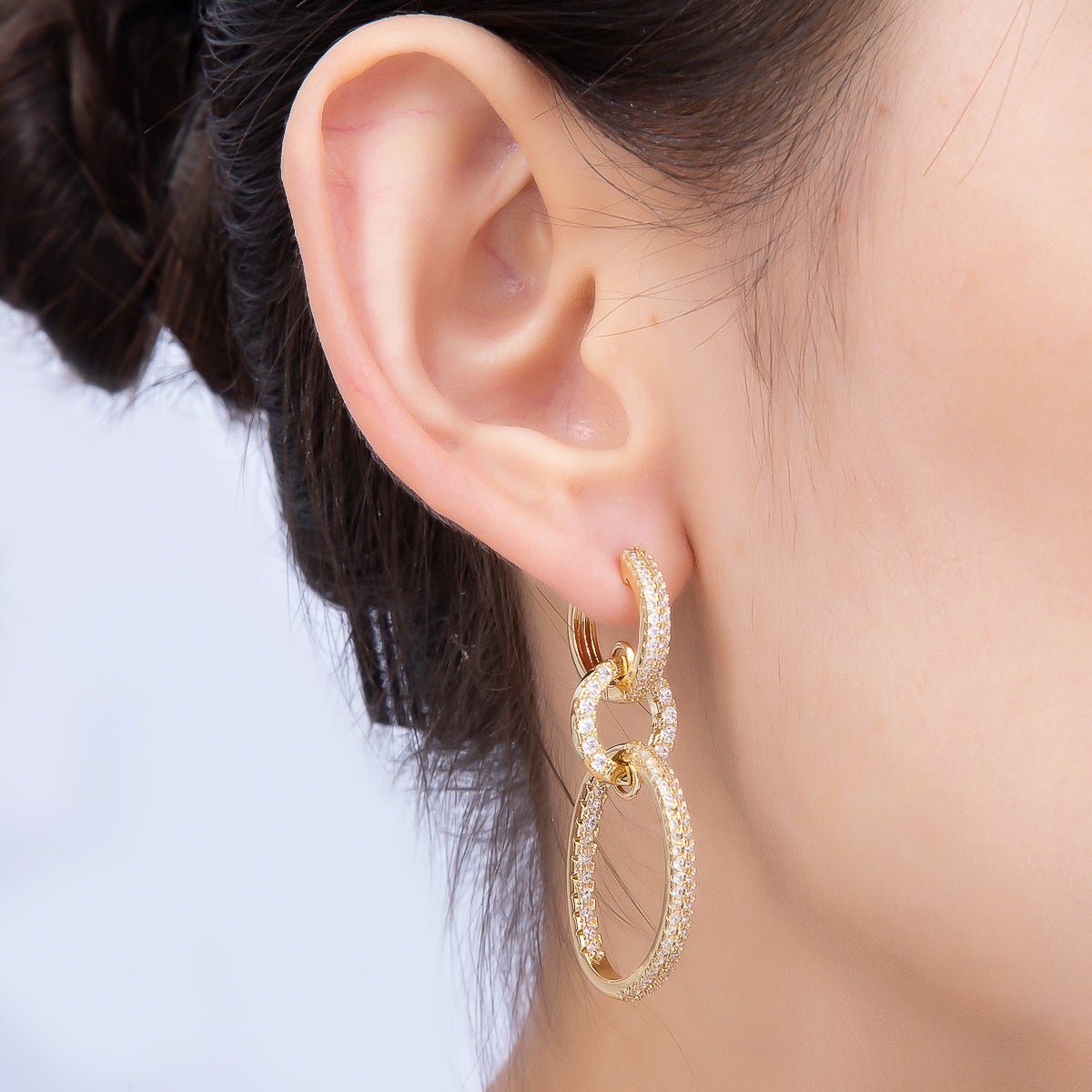 16K Gold Filled 46mm Micro Paved CZ Triple Link Drop Hoop | Earrings-00697 - DLUXCA