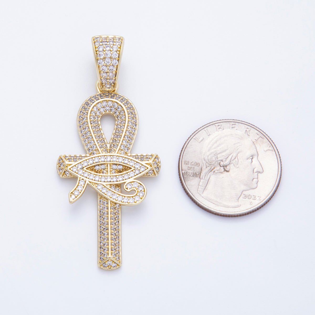 16K Gold Filled 48mm Micro Paved CZ Evil Eye Ankh Cross Religious Pendant | Charms - 00209 - DLUXCA