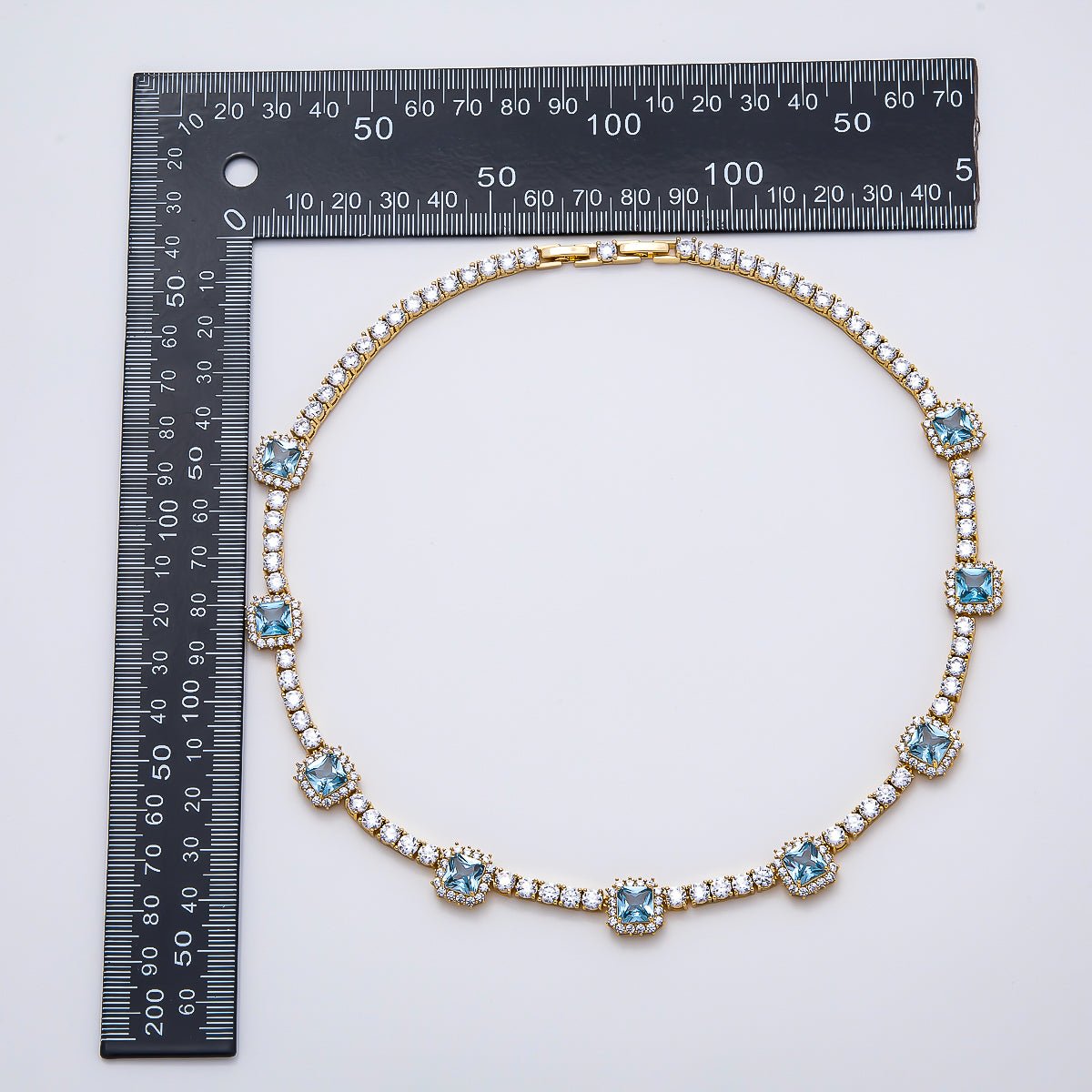 16K Gold Filled 4mm Blue Baguette CZ Tennis Chain 16.5 Inch Adjustable Necklace | WA-04678 - DLUXCA