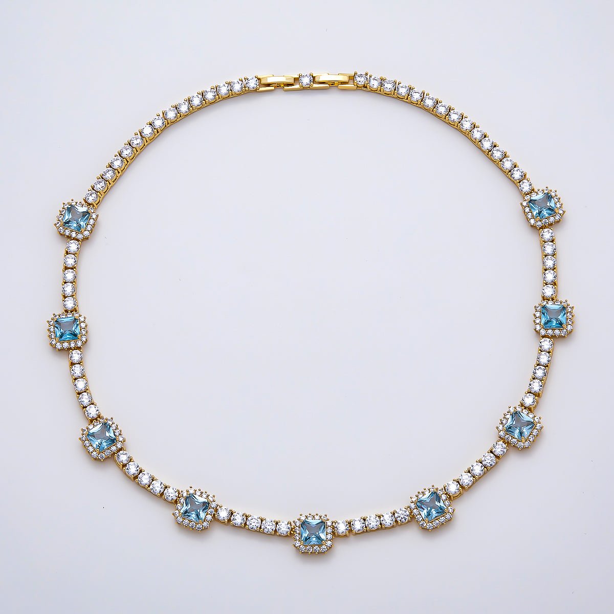16K Gold Filled 4mm Blue Baguette CZ Tennis Chain 16.5 Inch Adjustable Necklace | WA-04678 - DLUXCA