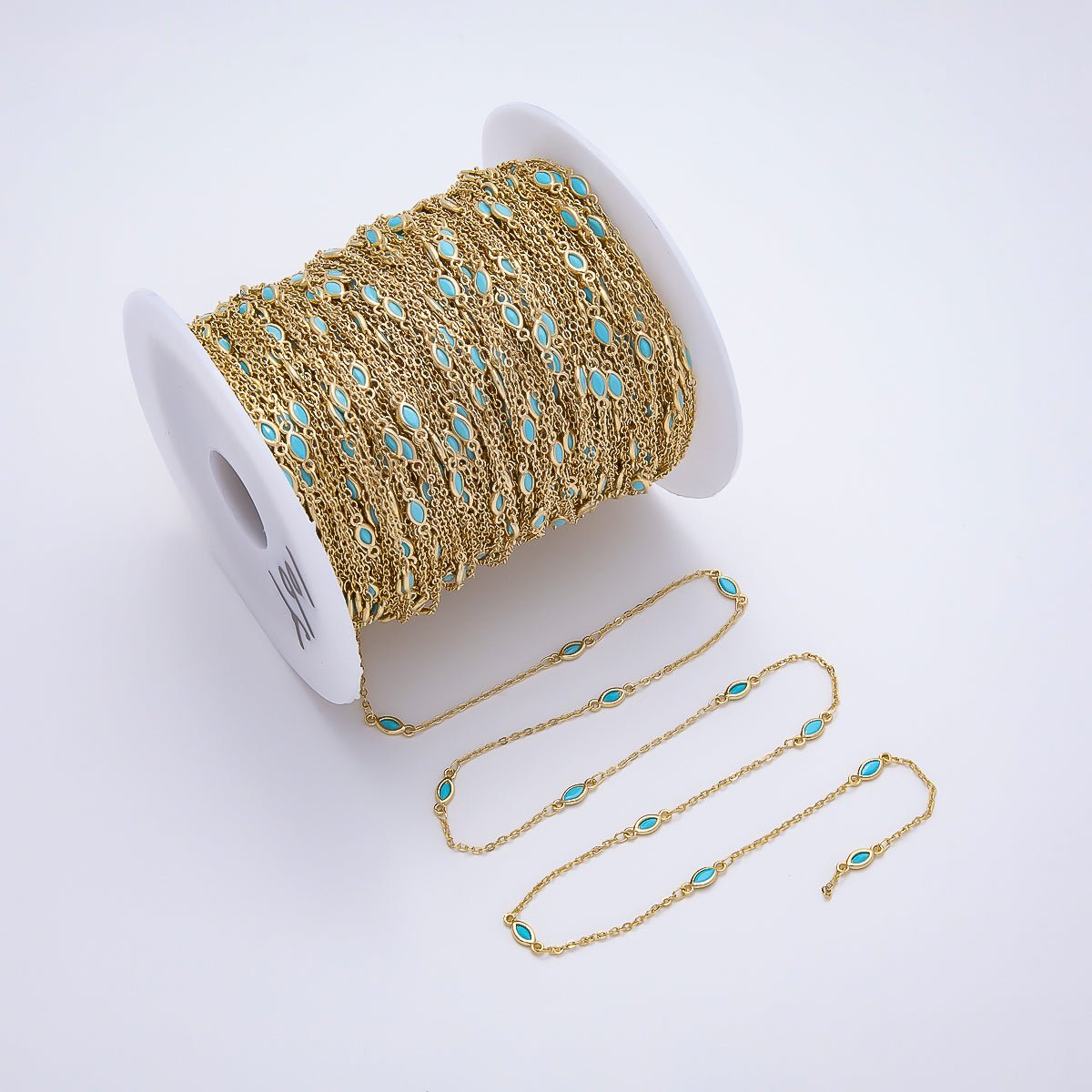16K Gold Filled 4mm Blue Turquoise Marquise Bezel Satellite Gemstone Chain by Yard | Roll-01884 - DLUXCA