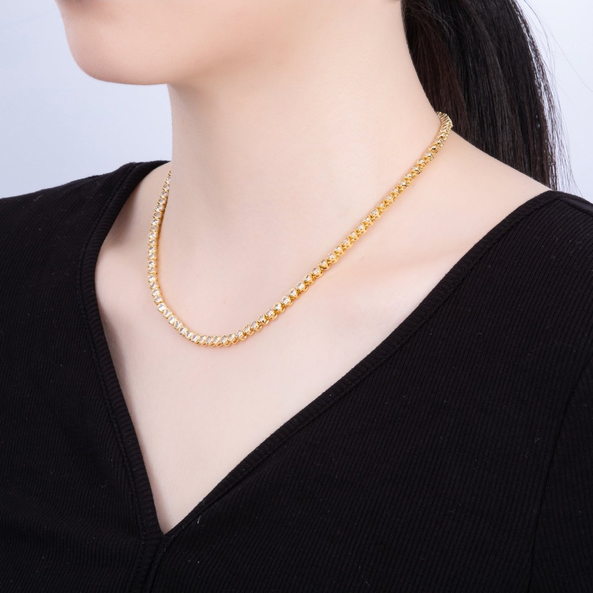 16K Gold Filled 4mm Clear CZ Round Heart Tennis Chain 16 Inch Adjustable Necklace | WA - 04244 - DLUXCA