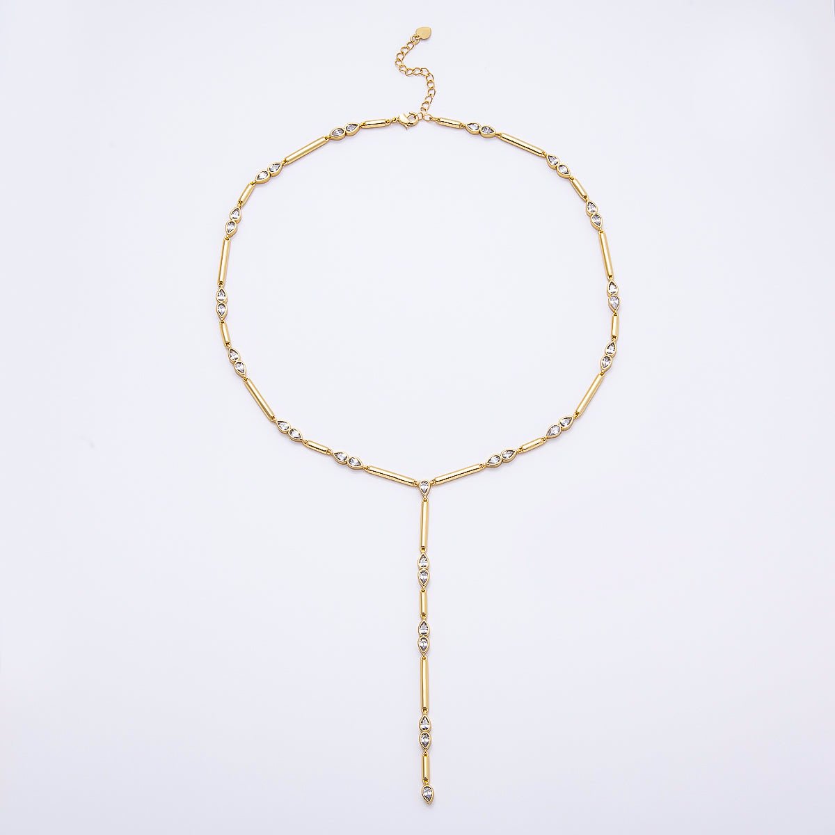 16K Gold Filled 4mm Clear, Green, Fuchsia CZ Teardrop Bar Lariat 17.5 Inch Necklace | WA-00146 WA-00153 WA-00185 - DLUXCA