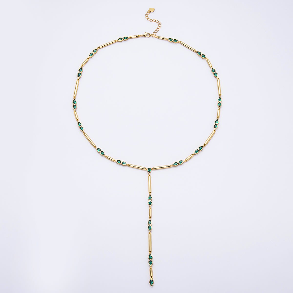 16K Gold Filled 4mm Clear, Green, Fuchsia CZ Teardrop Bar Lariat 17.5 Inch Necklace | WA-00146 WA-00153 WA-00185 - DLUXCA