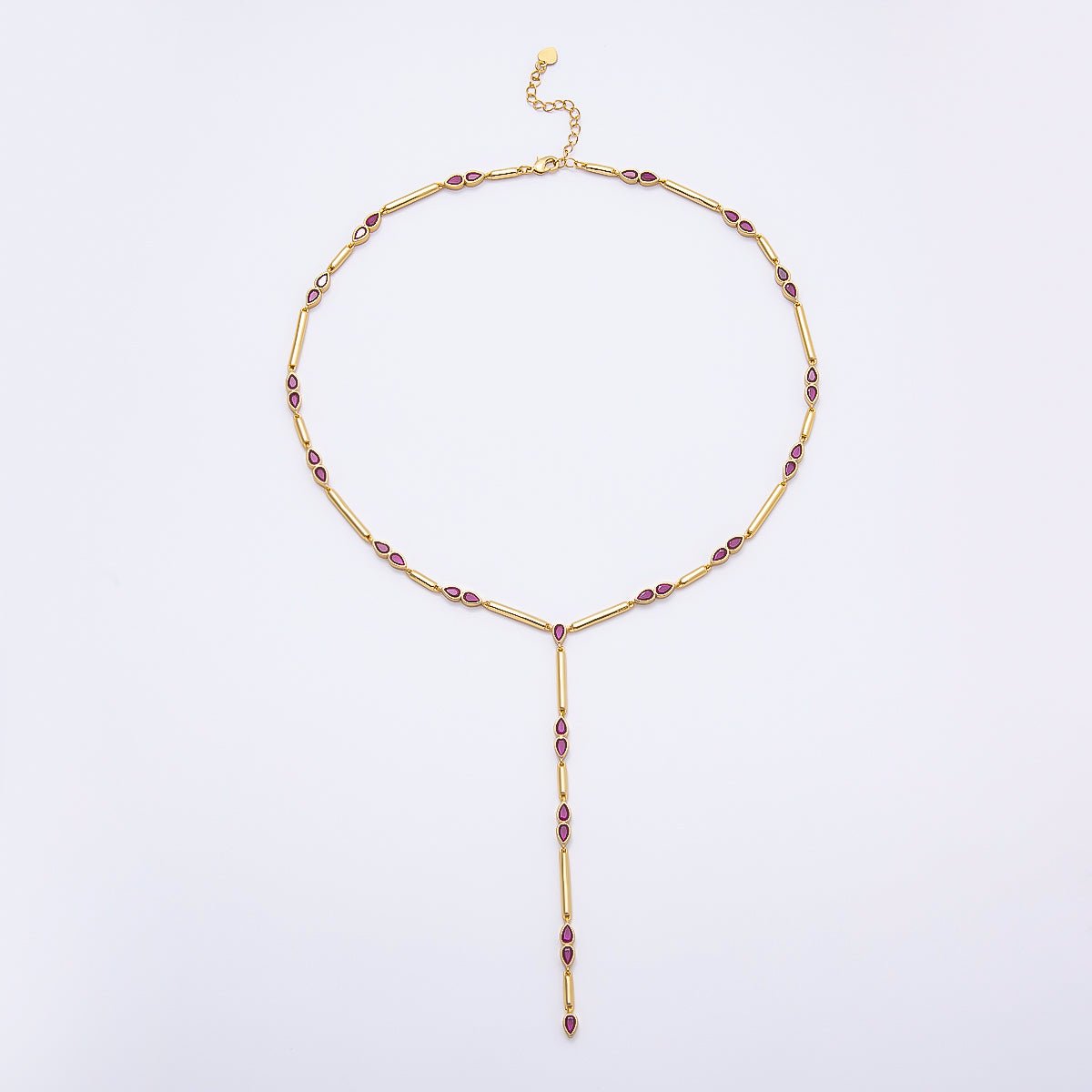 16K Gold Filled 4mm Clear, Green, Fuchsia CZ Teardrop Bar Lariat 17.5 Inch Necklace | WA-00146 WA-00153 WA-00185 - DLUXCA