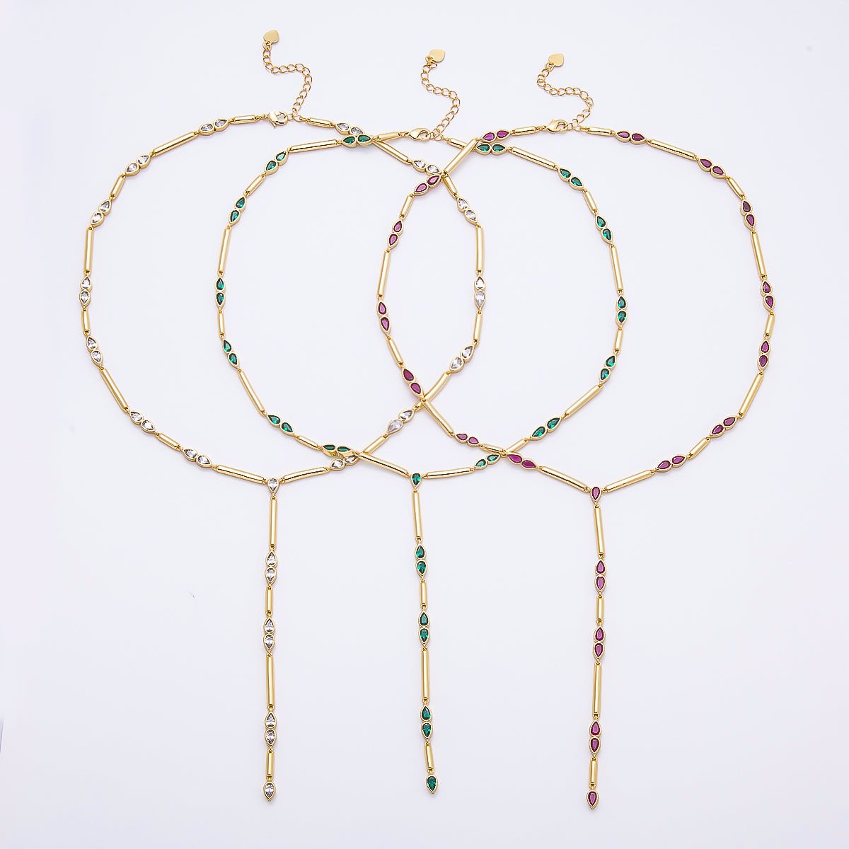 16K Gold Filled 4mm Clear, Green, Fuchsia CZ Teardrop Bar Lariat 17.5 Inch Necklace | WA-00146 WA-00153 WA-00185 - DLUXCA