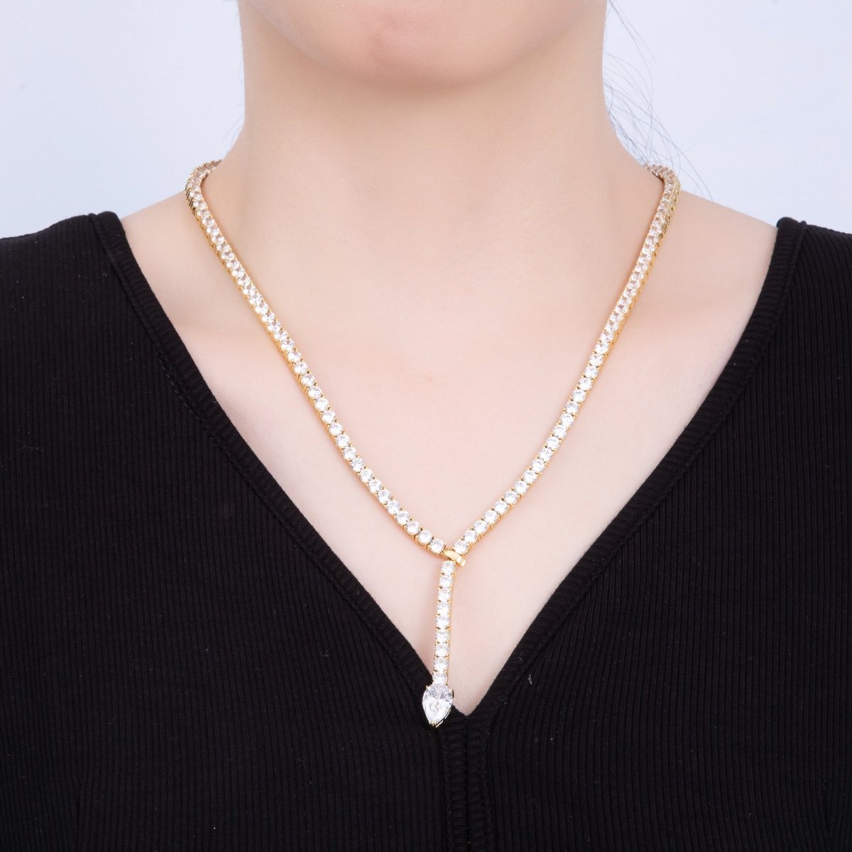 16K Gold Filled 4mm Clear Teardrop CZ Tennis Chain 22.2 Inch Lariat Necklace | WA - 04049 - DLUXCA