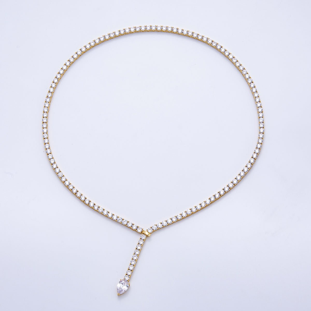 16K Gold Filled 4mm Clear Teardrop CZ Tennis Chain 22.2 Inch Lariat Necklace | WA - 04049 - DLUXCA