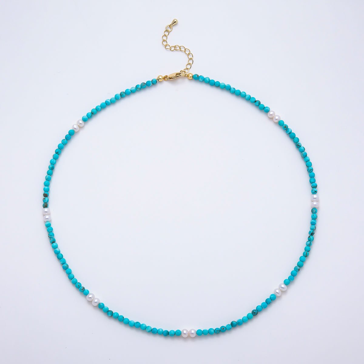16K Gold Filled 4mm Shell Pearl Turquoise Gemstone Chain 16.5 Inch Necklace w. Extender | WA-00250 WA-00258 - DLUXCA
