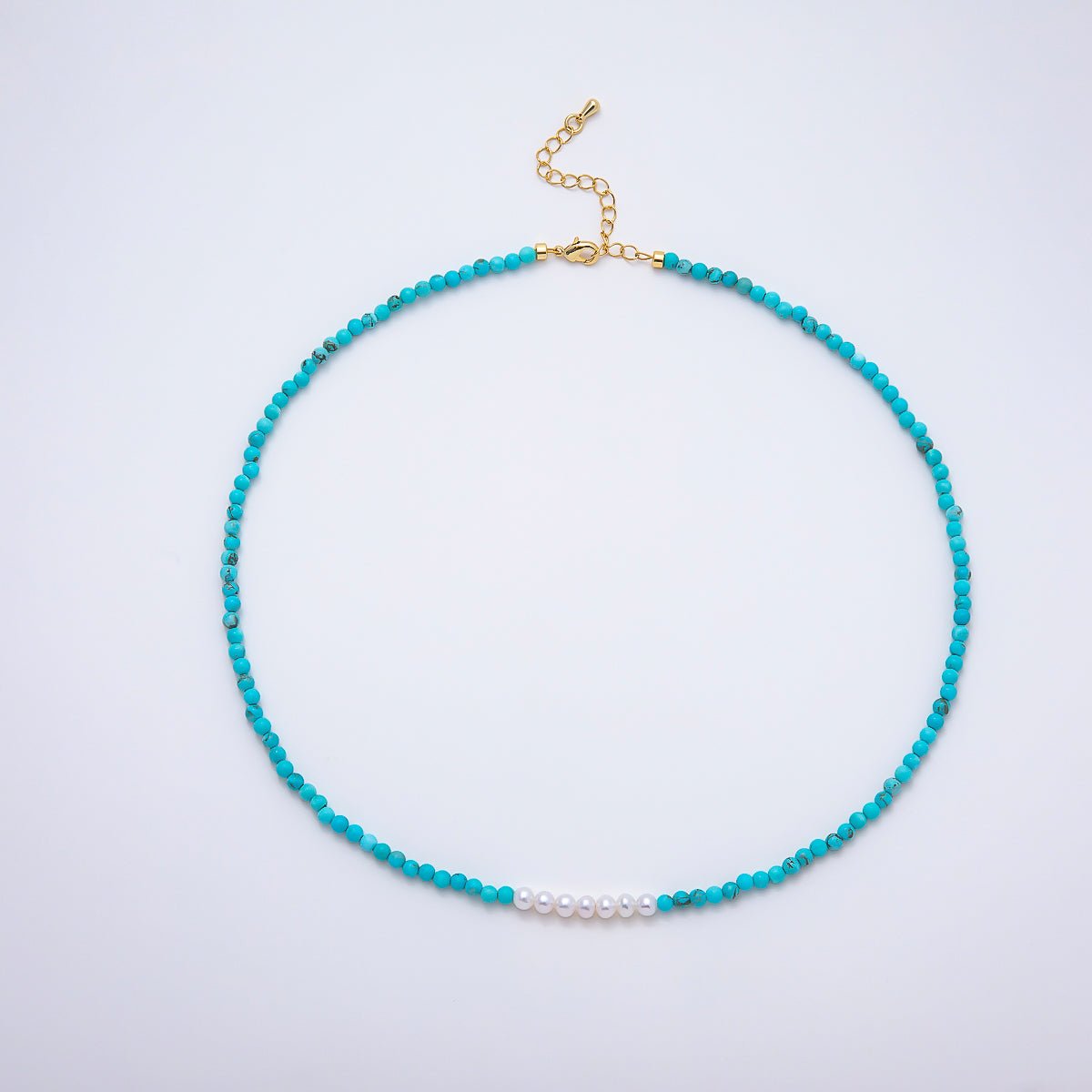 16K Gold Filled 4mm Shell Pearl Turquoise Gemstone Chain 16.5 Inch Necklace w. Extender | WA-00250 WA-00258 - DLUXCA