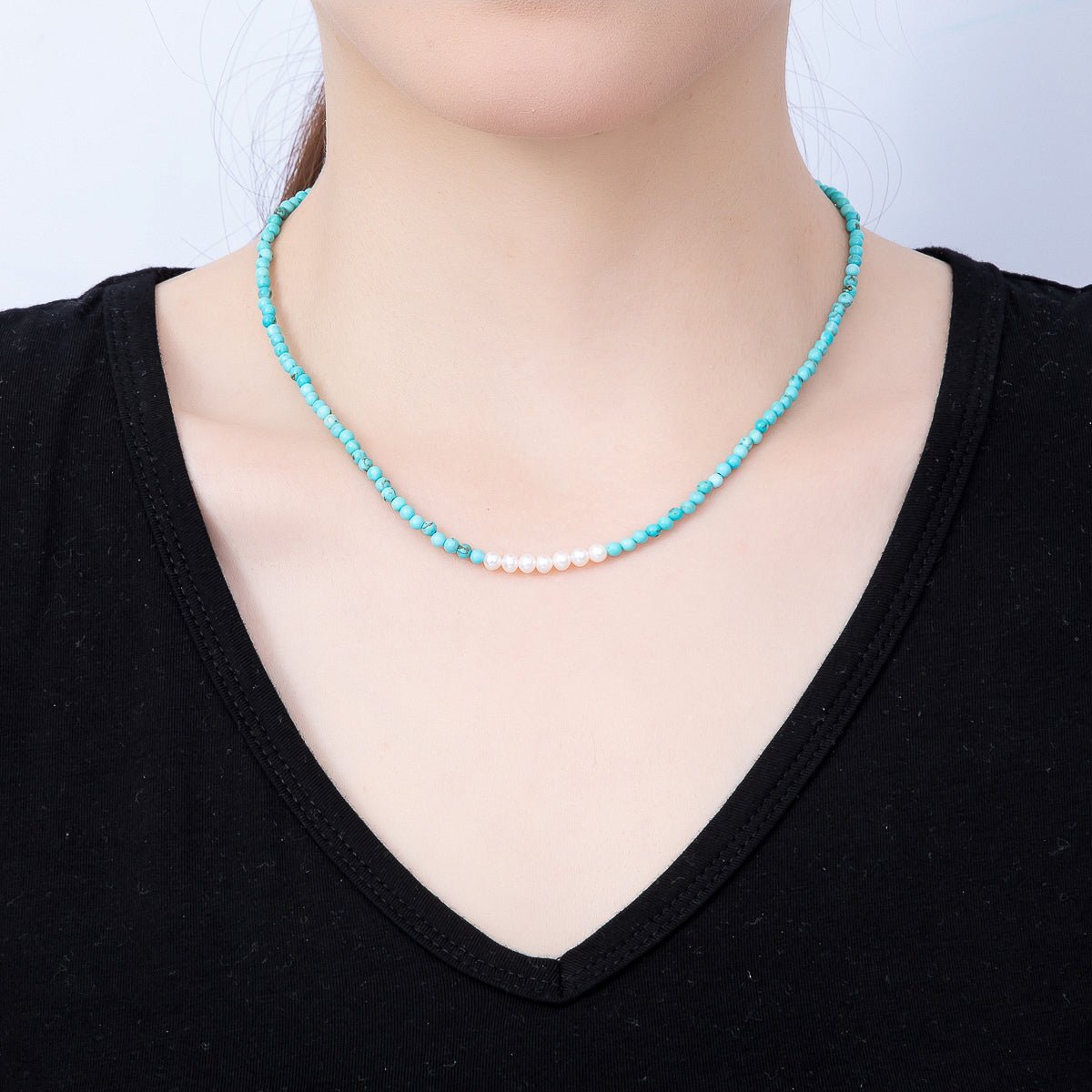 16K Gold Filled 4mm Shell Pearl Turquoise Gemstone Chain 16.5 Inch Necklace w. Extender | WA-00250 WA-00258 - DLUXCA