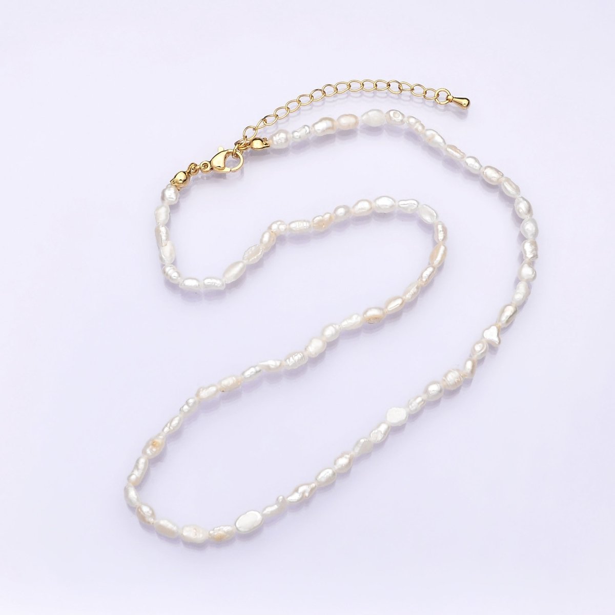 16K Gold Filled 4mm White Biwa Baroque Freshwater Pearl 16 Inch Necklace w. Extender | WA - 2631 - DLUXCA